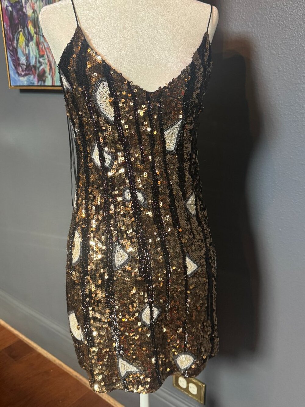 Free People Black Gold Sequin Beaded Mini Slip Dress Size 2
